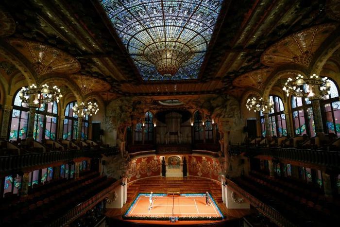 Rafael Nadal and Kei Nishikori played a promotional mini tennis match at the Palau de la Musica in Barcelona