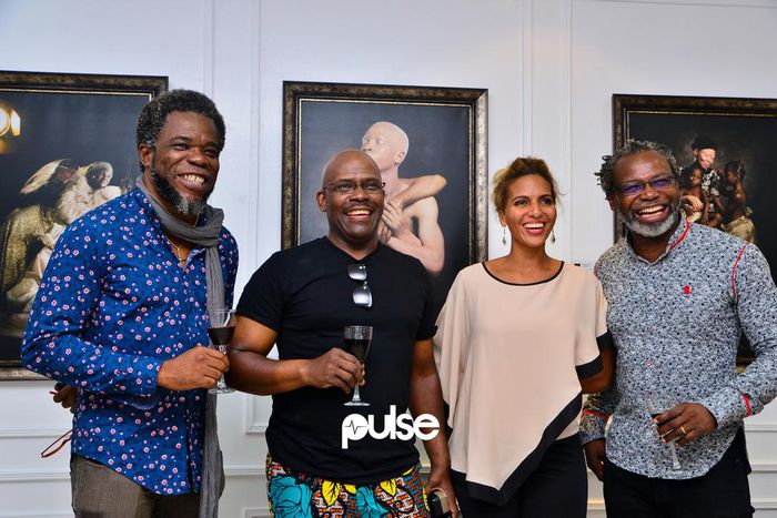 Guests with Yetunde Ayeni-Babaeko and Kelechi Amadi-Obi at the SMO White|Ebony exhibition opening which held on Saturday, May 25, 2019 at Temple Muse, Victoria Island Lagos.