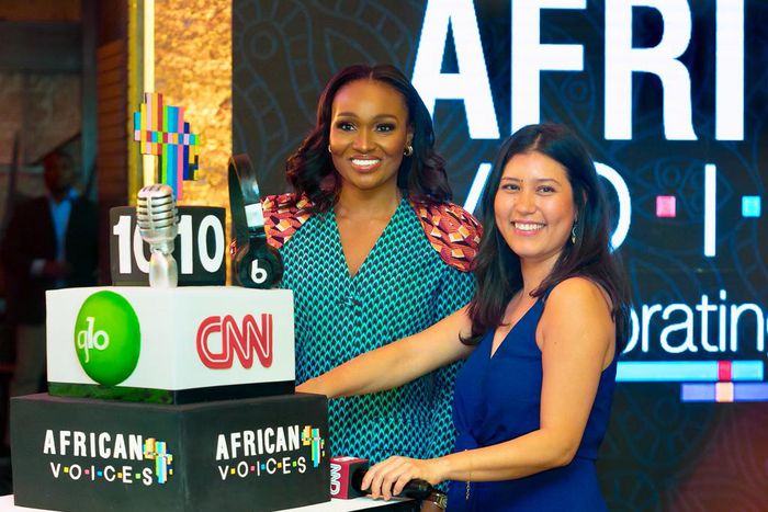 Globacom’s Executive Vice Chairman, Mrs Bella Disu and Account Director, CNN International Commercial, Zara Driss cutting the 10TH Anniversary cake of African Voices exclusively sponsored on CNN by Globacom at a Cocktail held at Sky Lounge, Eko Hotel r...
