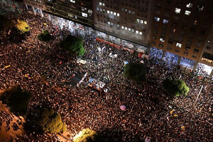 Protesters take to the streets in Rio de Janeiro as part of a nationwide strike by universities and schools in 'defense of education' following a raft of budget cuts announced by President Jair Bolsonaro's government