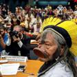 Kayapo ethnic group leader Raoni Metuktire attends a meeting with deputies to discuss the rights of indigenous people at the National Congress in Brasilia, on April 25, 2019