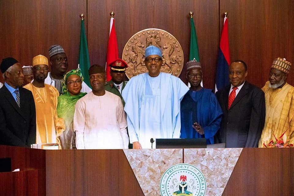 President Muhammadu Buhari inaugurates the Board of the North East Development Commission (NEDC) today at the State House, Abuja. [Twitter/@BashirAhmaad]