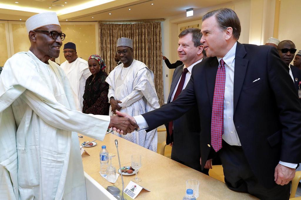 US Ambassador to Nigeria H.E. W. Stuart Symington and U.K. Ambassador to Nigeria H.E. Paul Arkwright are received by President Buhari in Aso Rock