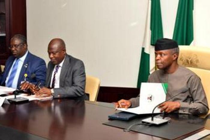 From left: Managing Director, Nigerian Export-Import Bank ( NEXIM), Abubakar Bello; Executive Chairman, Federal Inland Revenue Service, Dr Babatunde Fowler; Managing Director, Bank of Industry, Mr Olukayode Pitan and Vice President Yemi Osinbajo, durin...