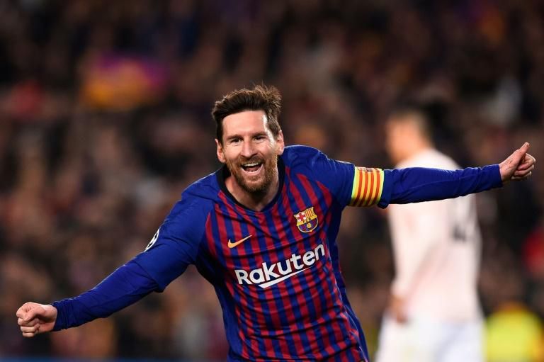 Lionel Messi celebrates after scoring during the Champions League quarter-final second leg against Manchester United