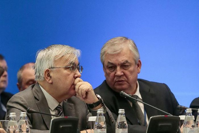 Russia's Syria negotiator Aleksandr Lavrentyev (R, pictured December 2017) said the talks over the constitutional committee were "complex" but "moving forward"