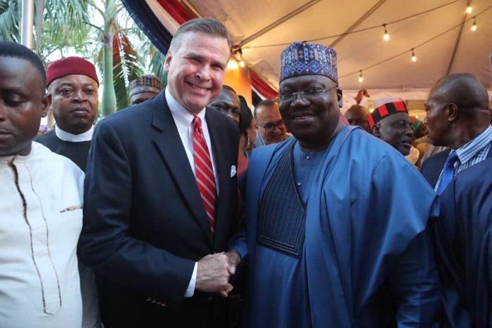 President of the Senate, Senator Ahmad Lawan, joined the United States Ambassador to Nigeria, Stuart Symington in the celebration of the 243rd Independence Anniversary of the USA at the US Embassy in Abuja. [Twitter/@SPNigeria]