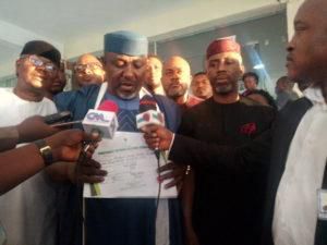 Former Imo State Gov Rochas Okorocha, speaking with newsmen at INEC headquarters, on Tuesday in Abuja, shortly after collecting his certificate of return as Senator elect for Imo West Senatorial District (NAN)