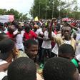 The protest was led by lawmaker Yeke Korlubah (centre, in white shirt), one of Weah's most vociferous critics