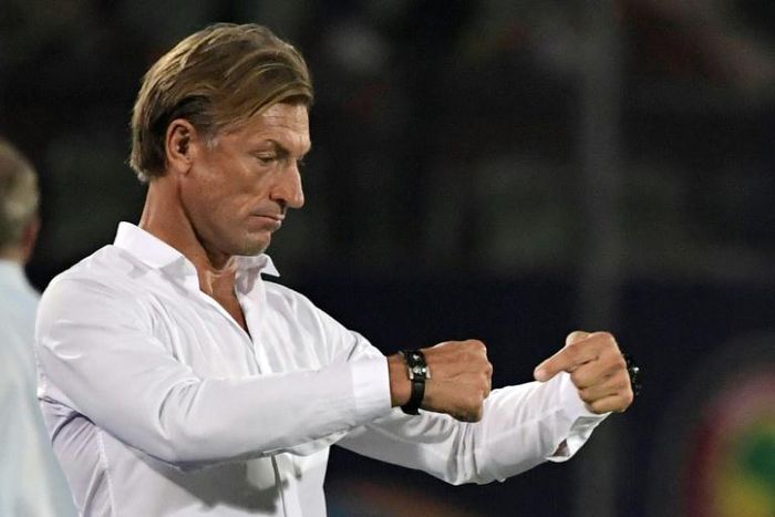 Morocco coach Herve Renard calls the shots during his side's African Cup of Nations match against South Africa