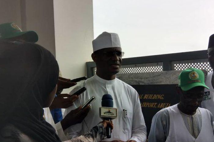 The  Acting Chairman, NAHCON, Alhaji Abdullahi and management of the commission addressing officials of the commission in Abuja (NAN)