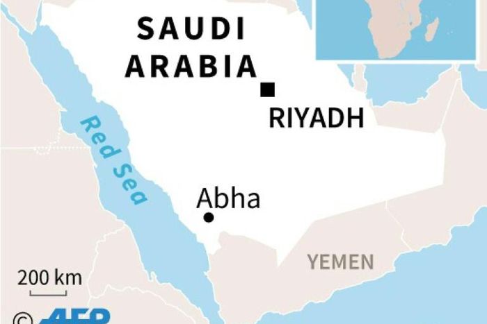 Map locating Abha, in Saudi Arabia, where 26 people were wounded in a rebel attack on the airport.