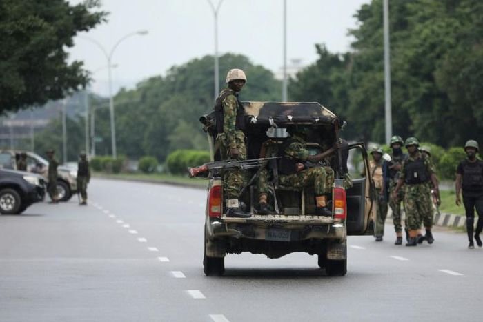 Soldiers aboard a truck patrol during a violent protest by Shiite Muslims demanding the release of their detained leader Ibrahim Zakzaky on July 23, 2019 in Abuja