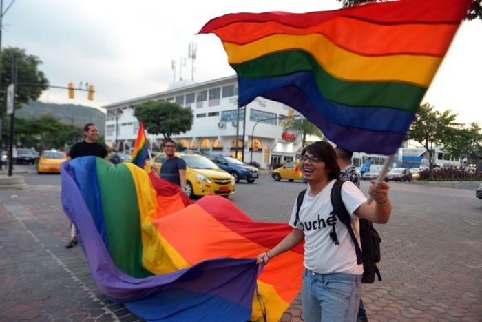 People in Guayaquil celebrate after Ecuador's Constitutional Court approves same sex marriage