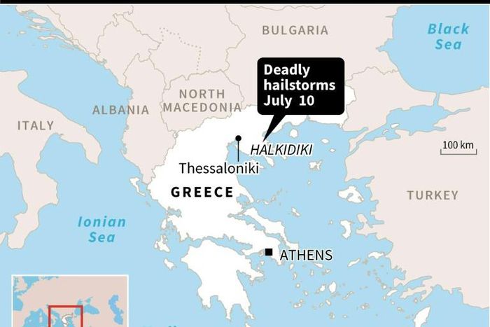 Map locating severe hailstorms in Greece on July 10