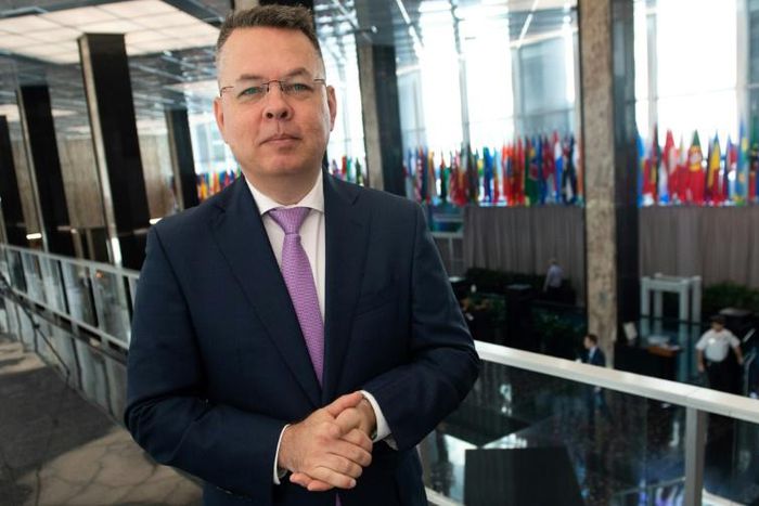 Pastor Andrew Brunson, who was detained in Turkey for two years before being released in 2018, speaks with AFP at the State Department in Washington
