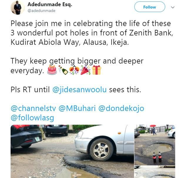 ‘Generous’ lawyer throws party for potholes in front of Zenith Bank for getting “bigger and deeper”