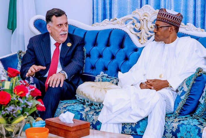 President Muhammadu Buhari holds a bilateral meeting with Head of Libya's Government of National Accord Mr. Fayez Al-Sarraj on the sidelines of the 12th Extraordinary Session of the Assembly of African Union Heads of State and Government, in Niamey, Ni...