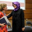 UN special rapporteur on extrajudicial, summary or arbitrary executions Agnes Callamard, left, who issued a damning report on the killing of Saudi journalist Jamal Khashoggi, and his Turkish fiancee Hatice Cengiz