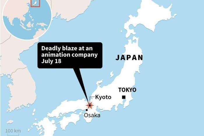 Map of Japan locating Kyoto where a deadly blaze broke out at an anime studio on July 18