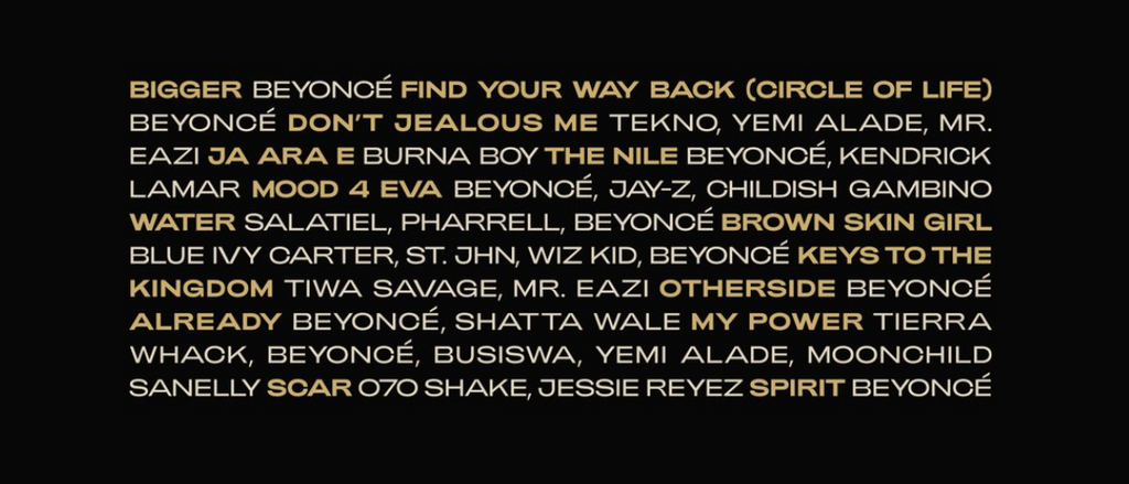 Tracklist for The Lion King: The Gift featuring Wizkid, Tiwa Savage, Burna Boy and others. (Beyonce)