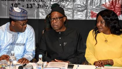 From Left, The Chairman, Independent National Electoral Commission (INEC), Prof. Mahmood Yakubu; INEC National Commissioner, Dr Mohammed Lecky and INEC National Commissioner, Prof., Antonia Simbene-Okosi, during the INEC Review of the 2019 General Elec...