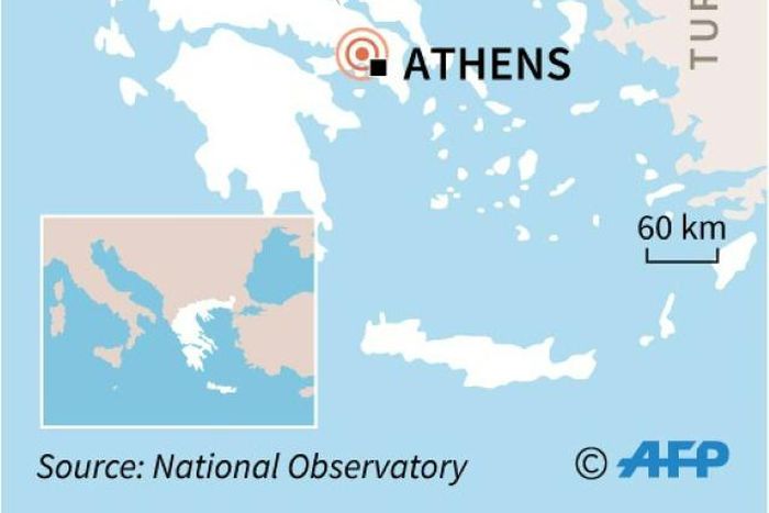 Map locating the epicentre of a 5.1-magnitude quake in Greece Friday.