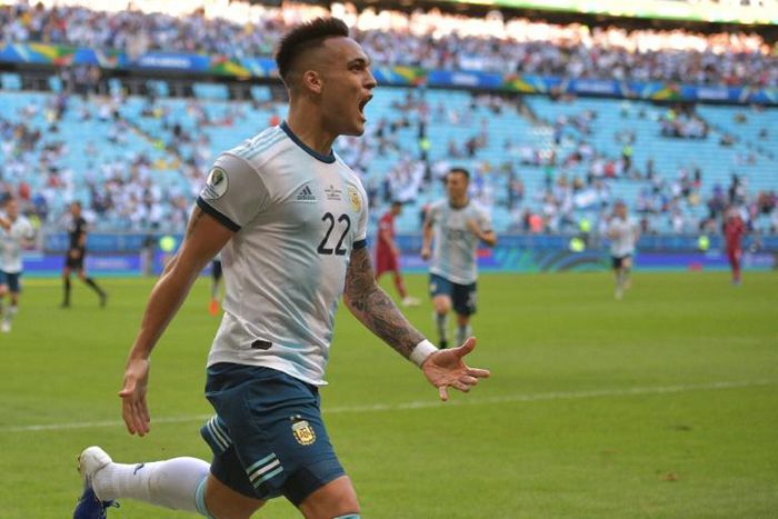 Lautaro Martinez celebrates his early goal against Qatar that proved enough to secure qualification for the Copa America knock-out stages