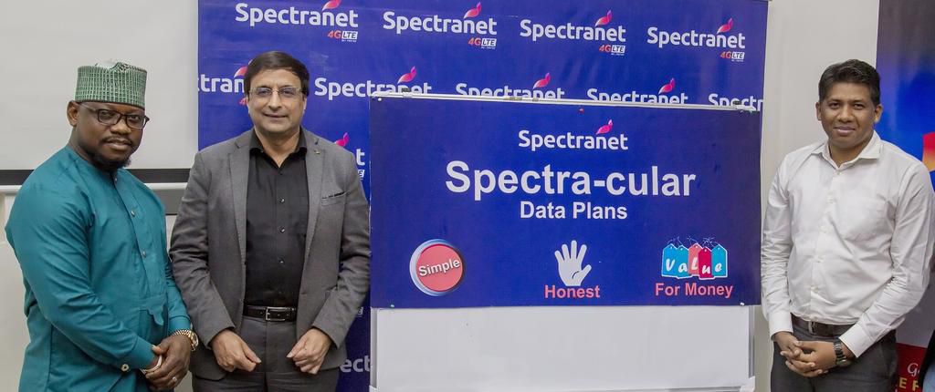 L-R: Marketing Manager, Spectranet 4G LTE, Samson Akejelu; Chief Executive Officer, Ajay Awasthi; and Senior Marketing Specialist, Spectranet 4G LTE, Jagadish Swain at the launch.