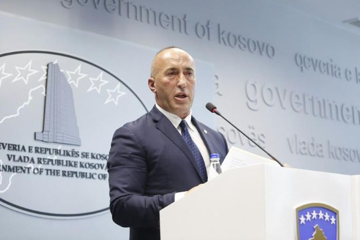 Kosovo Prime Minister Ramush Haradinaj speaks during a press conference at the government headquarters in Pristina on July 19, 2109, after he resigned for being called as a suspect before a war crimes court in The Hague."I received a call by the specia...