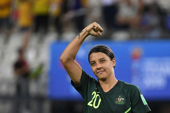 Australia's forward Samantha Kerr celebrates after scoring four times against Jamaica in Grenoble