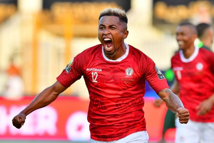 Madagascar's midfielder Lalaina Nomenjanahary celebrates after scoring a goal during the 2019 Africa Cup of Nations (CAN) Group B football match between Madagascar and Nigeria at the Alexandria Stadium on June 30, 2019.