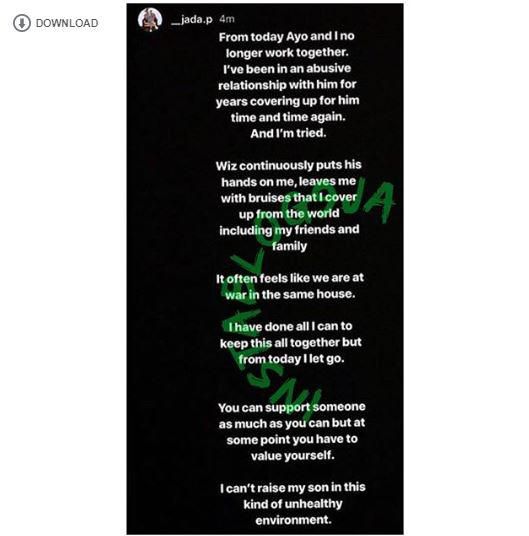 Wizkid's third baby mama, Jada Pollock has announced that she has stopped working with Wizkid as his manager after been physically abused by the music star [Instagram/Instablog9ja]