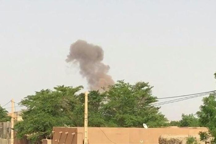 A screenshot from AFPTV shows smoke rises after attack on an international peace-keeping base in the Malian town of Gao