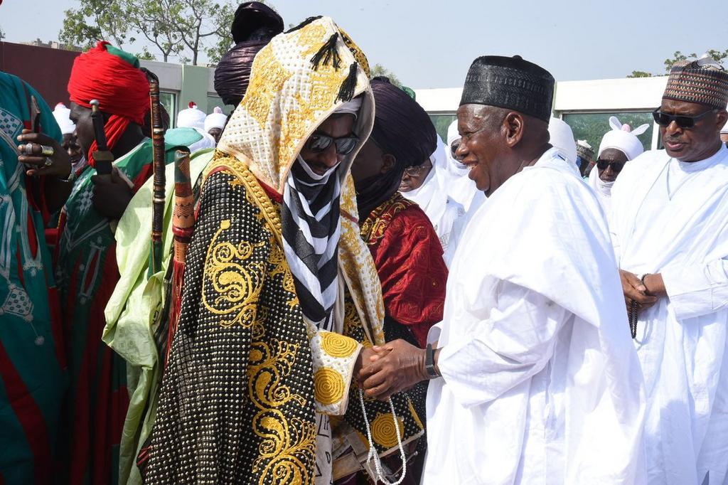 Governor Umar Ganduje and his Deputy His Excellency Dr Nasiru Yusuf Gawuna attended Eid Prayers today at the Eid ground, Kofar Mata, which was led by the Emir of Kano Metropolitan Area Muhammadu Sanusi II. [Twitter/@dawisu]