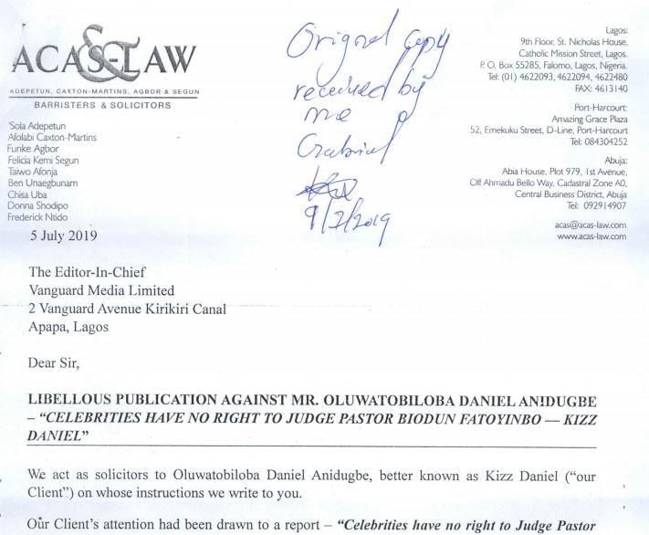 The letter states that Kizz Daniel is demanding a public apology and withdrawal of the publication, a written undertaking not to publish anything about him without confirmation and the sum of 100million naira to cover for reputational damage he has alr...