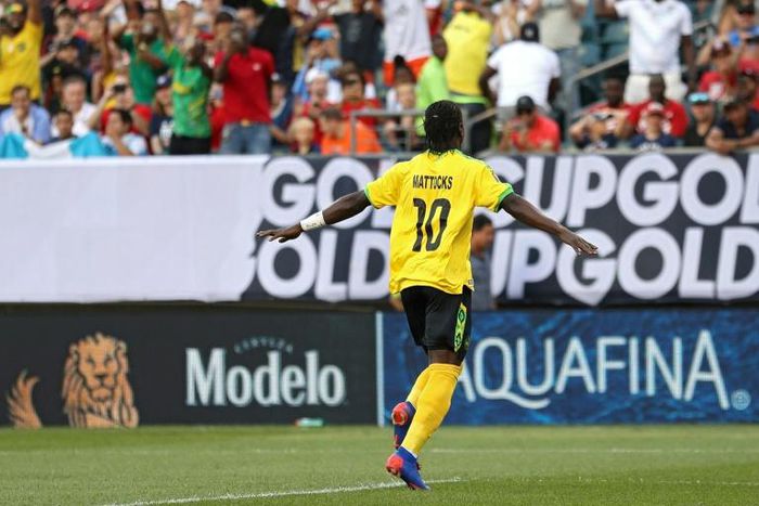 Jamaica's Darren Mattocks celebrates after scoring the eventual winning goal against Panama during the Gold Cup quarter-final contest in Philadelphia