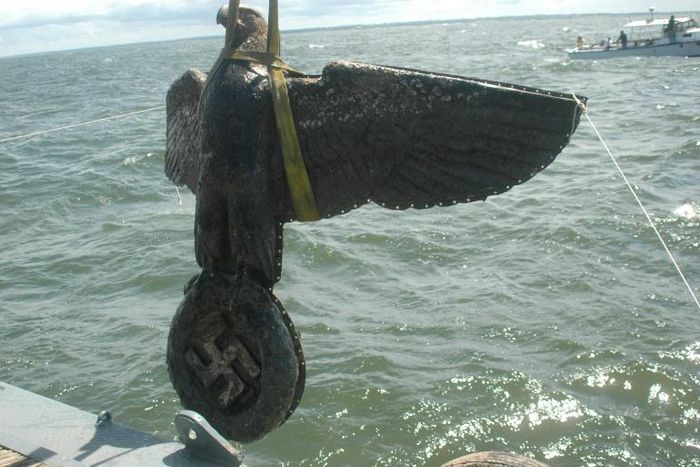 A photo of the Nazi eagle on the Admiral Graf Spee the day it was recovered in 2006