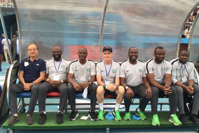 L-R Gernot Rohr, Alloy Agu, Jean Luc Royer, Dr Ibrahim Gyaran, Anozie Nnaemeka, Dayo Enebi Achor (Pulse Nigeria)