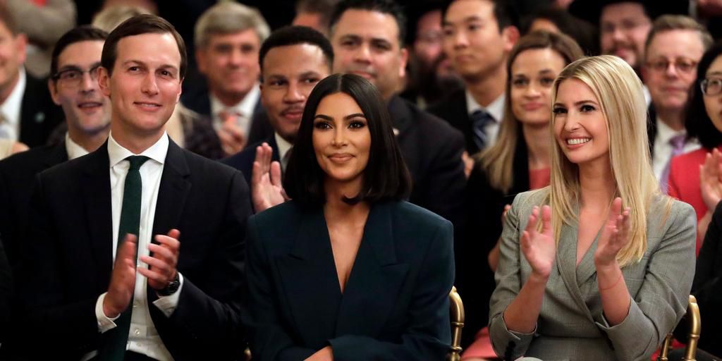 White House senior adviser Jared Kushner and Ivanka Trump, right, sit with Kim Kardashian West, who is among the celebrities who have advocated for criminal justice reform, as they listen to President Donald Trump speak about second chance hiring in th...