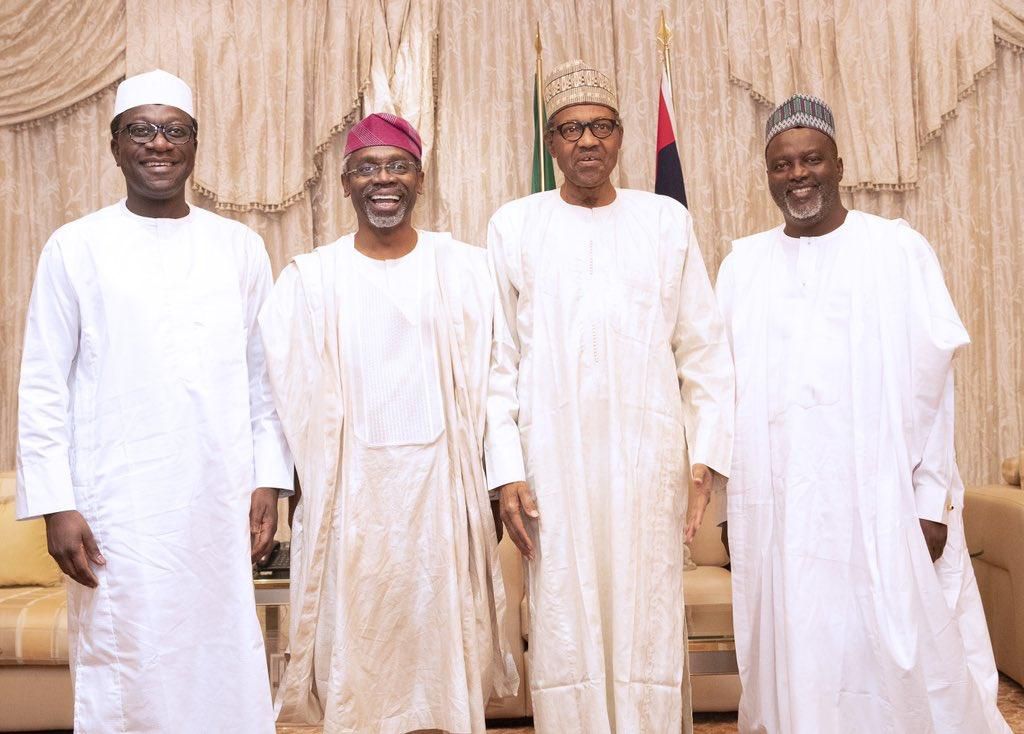 President Muhammadu Buhari and the Speaker of the House of Representatives, Hon. Femi Gbajabiamila; Deputy Speaker, Ahmed Idris Wase and Hon. Abdulmumin Jibrin [Twitter/@BashirAhmaad]