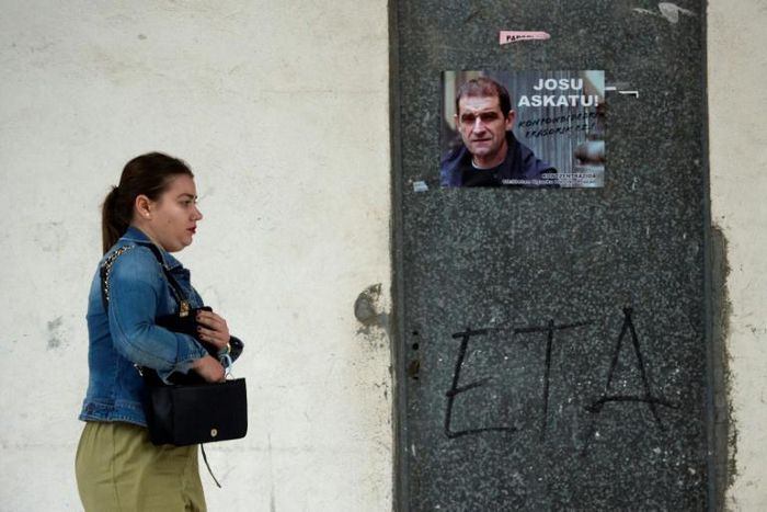 A poster calling for the release of Josu Ternera, one of the most influential leaders of former Basque separatist group ETA, in the Spanish village of Miraballes on May 16, 2019, after he was arrested in France.