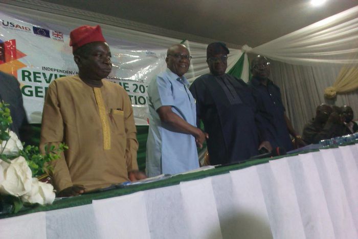 From Right: Prince Adelani Asade, the INEC Administrative LouSecretary, Prince Adedeji Soyemi, the INEC National Commissioner in Charge of Southwest and Chairman, Board of the Electoral Institute, Mr Sam Olumekun, Resident Electoral Commissioner, INEC,...