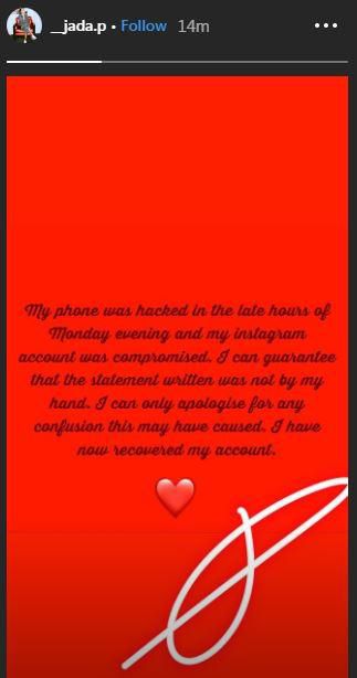 Wizkid's baby mama, Jada Pollock has come out to say she is not responsible for the post on her Instagram page which went viral a few days ago, saying her page was hacked [Instagram/_Jada.P]