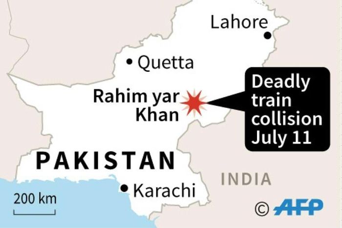 Map of Pakistan locating a train collision that killed nine people and left more than 60 injured