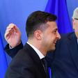 Ukraine's President Volodymyr Zelensky met European Commission President Jean-Claude Junker (R) in Brussels on his first foreign trip as leader