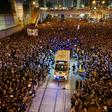Crowds of protesters were still camped out in parts of Hong Kong as night fell