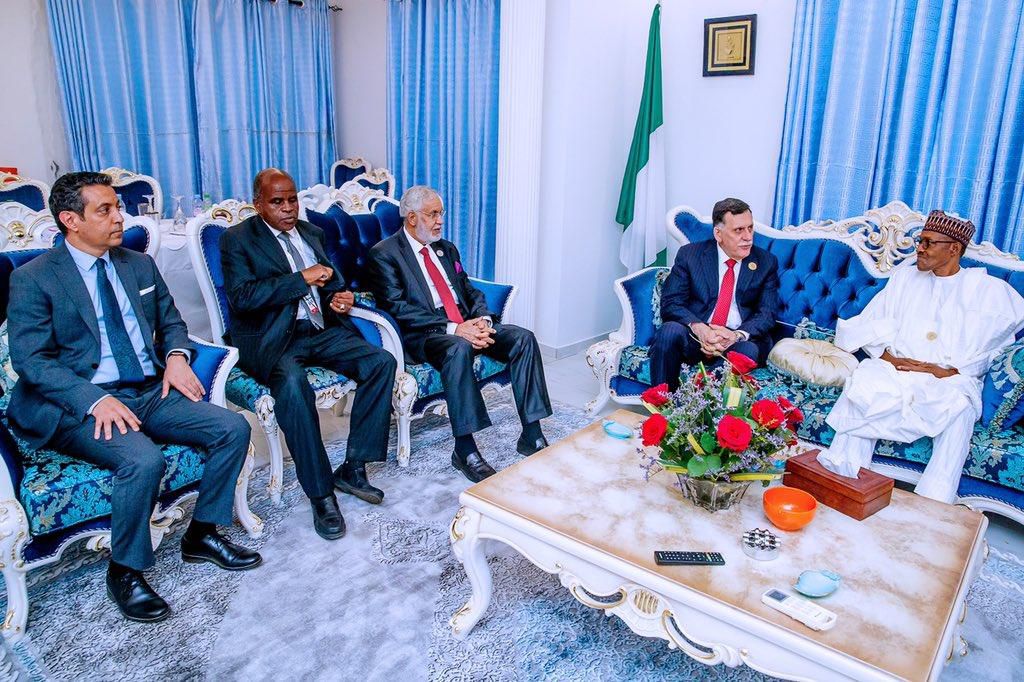 President Muhammadu Buhari holds a bilateral meeting with Head of Libya's Government of National Accord Mr. Fayez Al-Sarraj on the sidelines of the 12th Extraordinary Session of the Assembly of African Union Heads of State and Government, in Niamey, Ni...