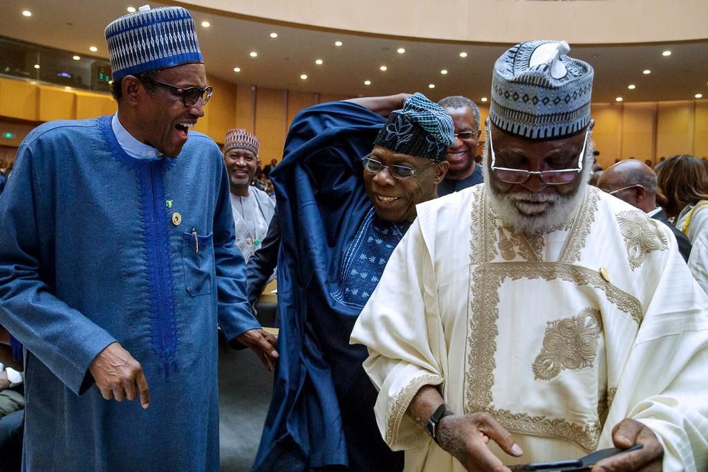 President Buhari (L), Former President Olusegun Obasanjo (M) and Former President Abdulsalami Abubakar