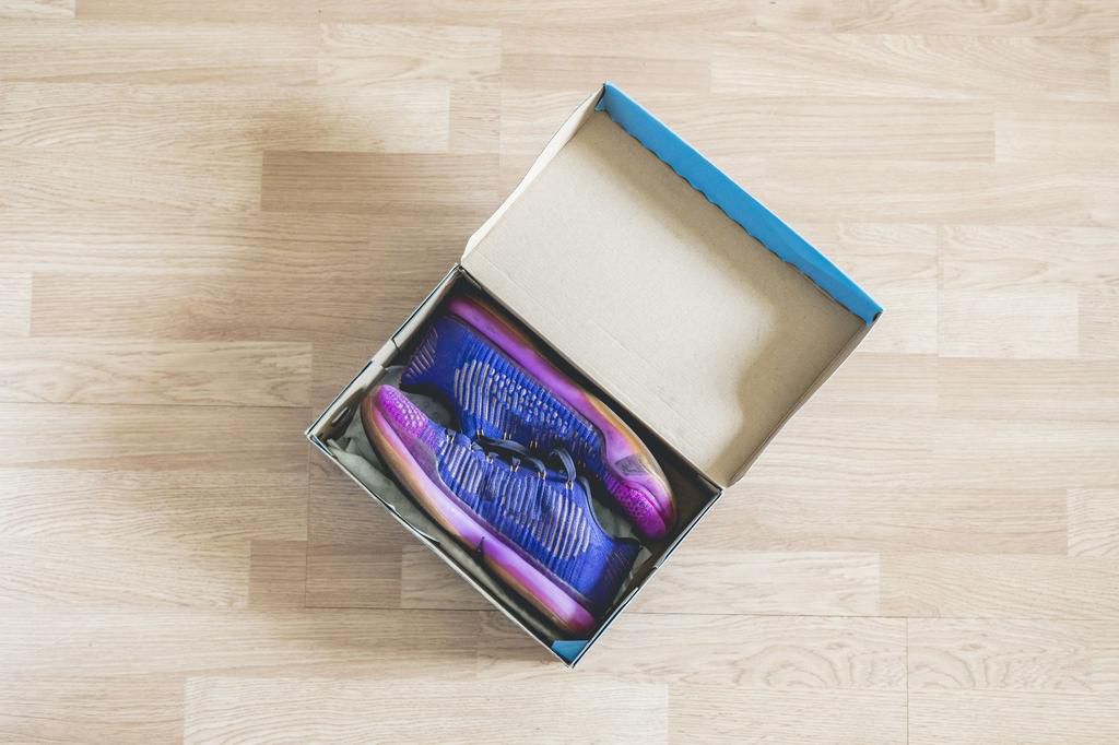 pair of brand new shoes in shoe cartoon box on wooden floor f